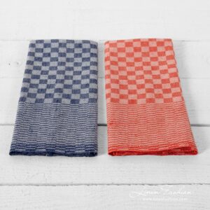 Red and navy linen blend kitchen towel set
