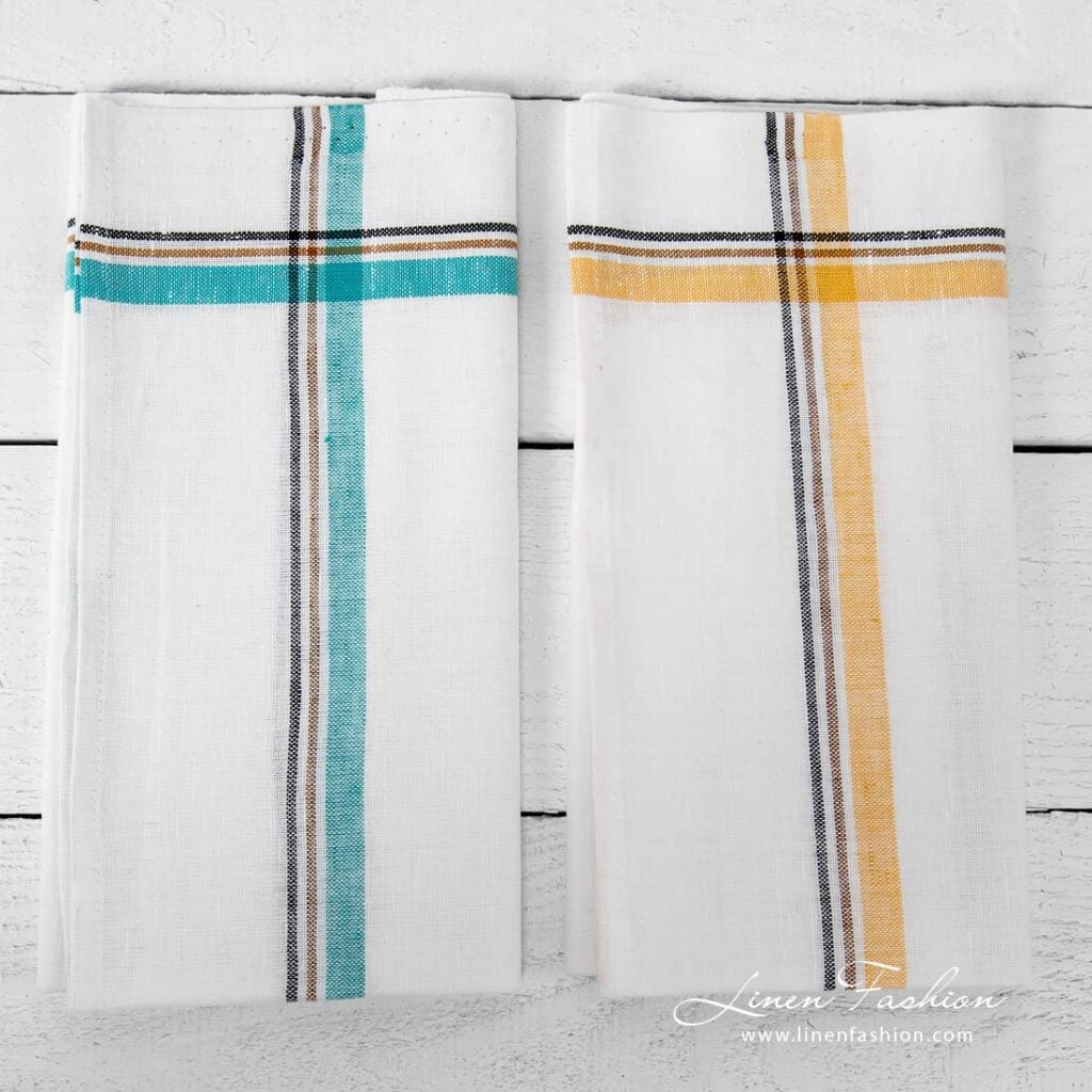 Kjøkkenhåndkle-sett nr. 24 2 Off-white kitchen towels with yellow,green stripes