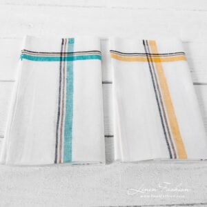 Kjøkkenhåndkle-sett nr. 24 9 Linen cotton kitchen towels, white with coloured stripes