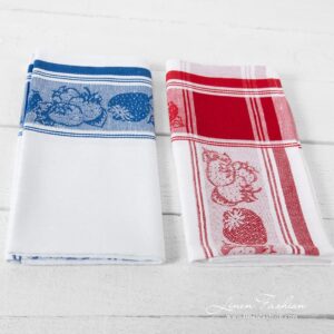 Kjøkkenhåndkle-sett nr. 25 9 White linen cotton towels with red and blue strawberry pattern