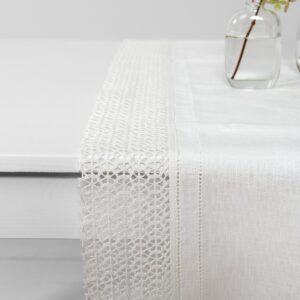 VEILA white linen table runner, with wide lace border
