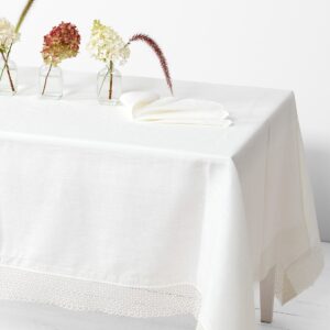 VEILA linen tablecloth white, 9cm wide lace trim
