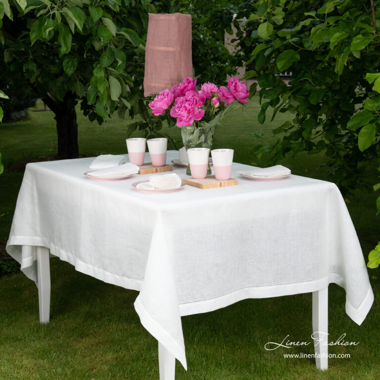 White linen tablecloth with hemstitch