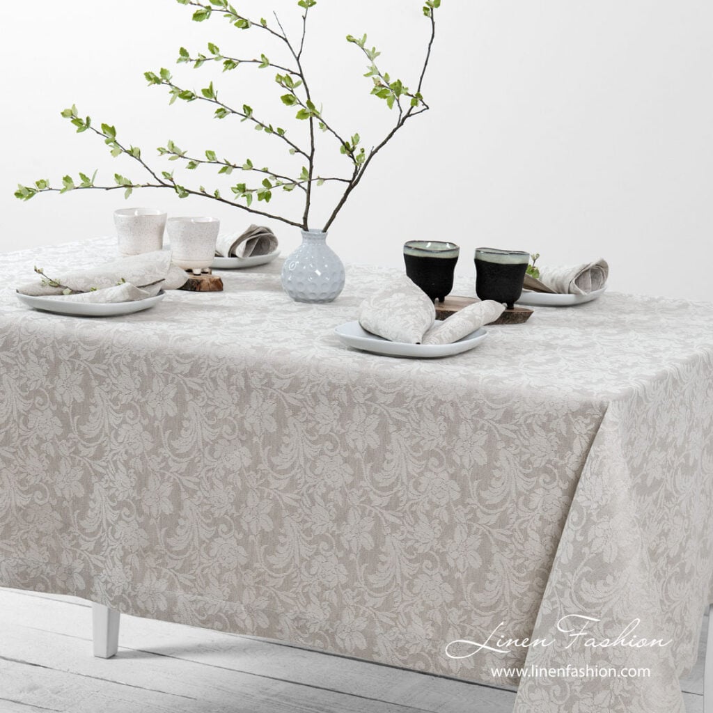 FLORA Duk beige 1 Grey linen tablecloth with flower ornaments | Linen Fashion