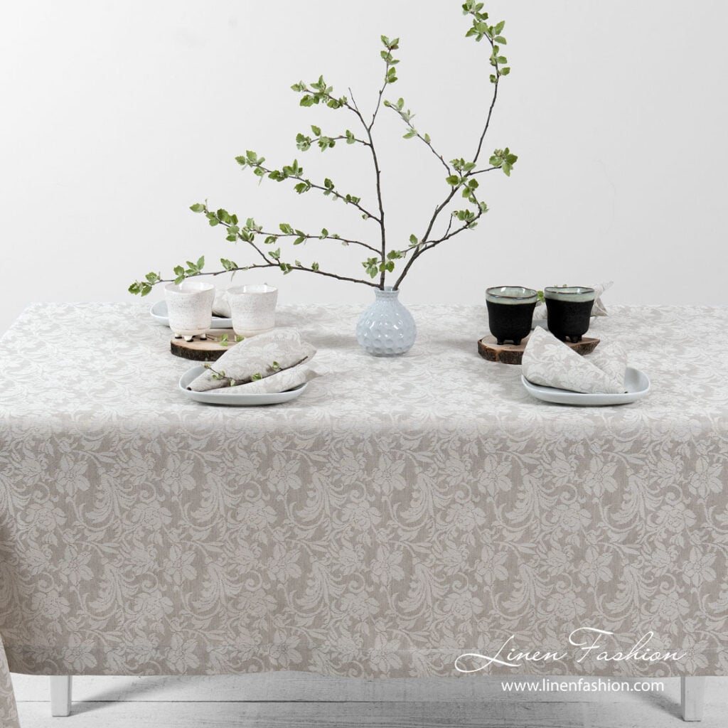 FLORA Duk beige 2 Jacquard linen tablecloth in light grey and white color
