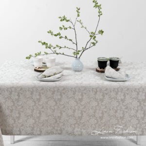 FLORA Duk beige 12 Jacquard linen tablecloth in light grey and white color
