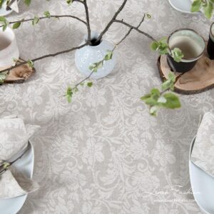 FLORA Duk beige 14 Tablecloth made from light grey and white jacquard linen / cotton fabric in floral motives
