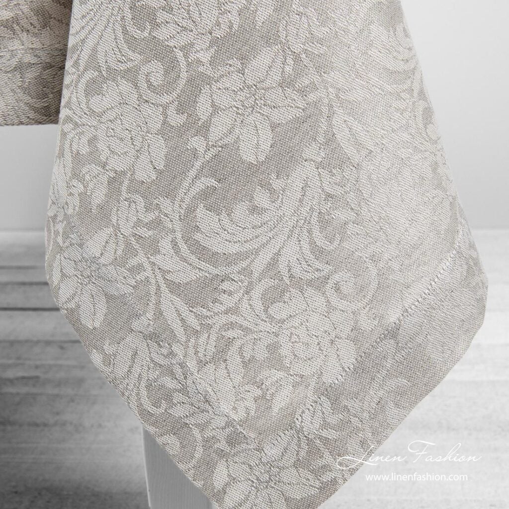 FLORA Duk beige 5 Grey linen tablecloth with flower ornaments, folded border