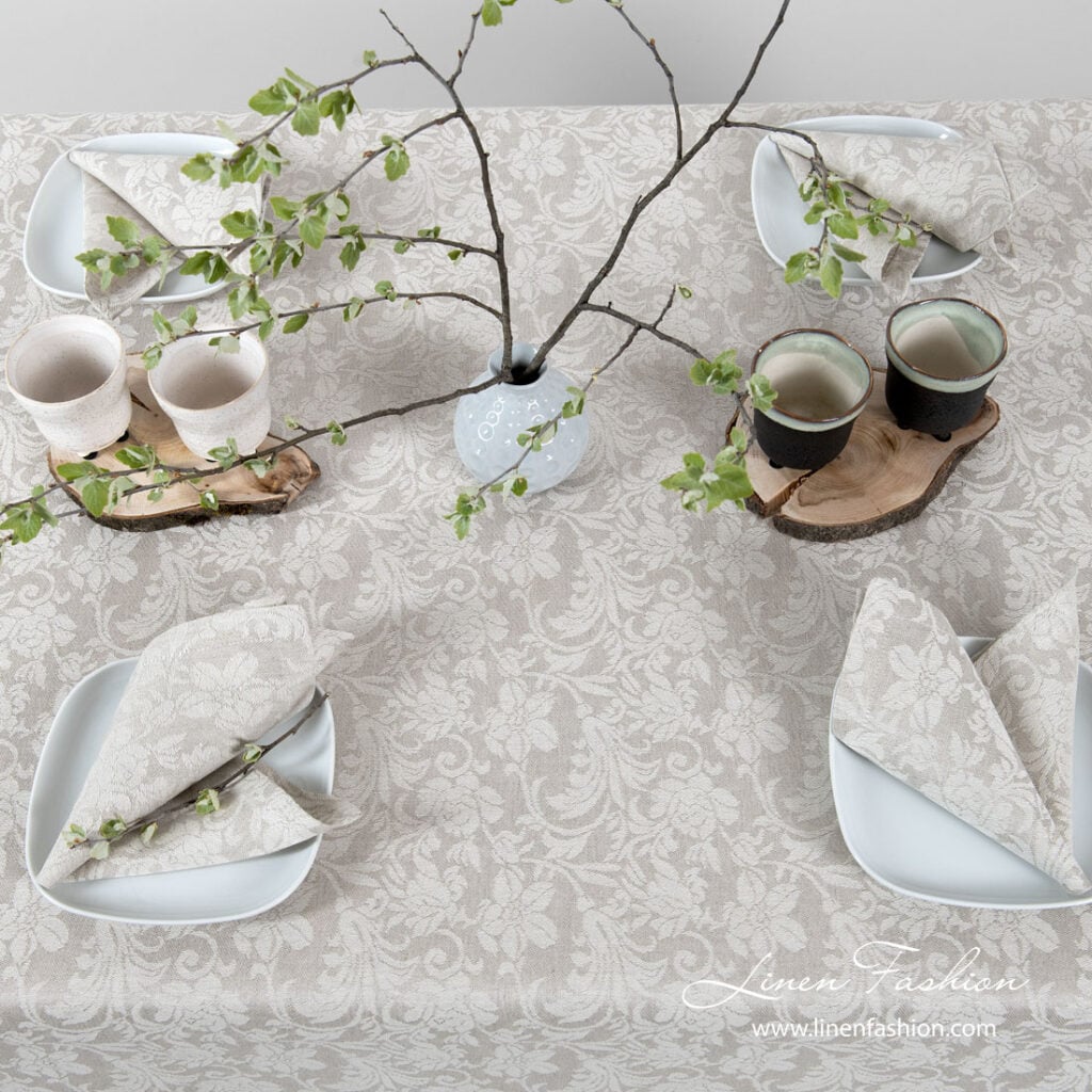 FLORA Duk beige 3 Grey linen tablecloth with flower ornaments