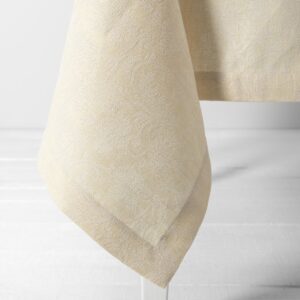 Cream floral linen cotton tablecloth, folded hem