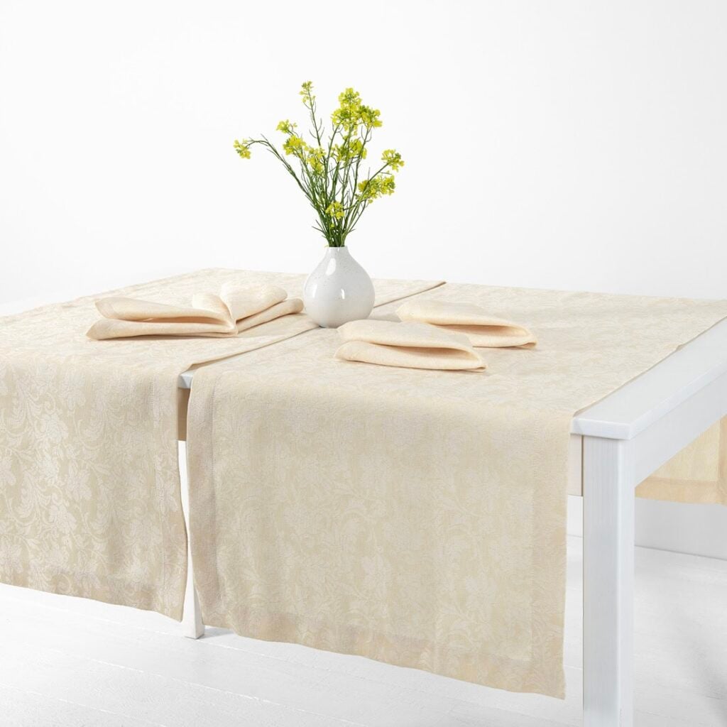 Floral cream linen cotton table runner, folded hem