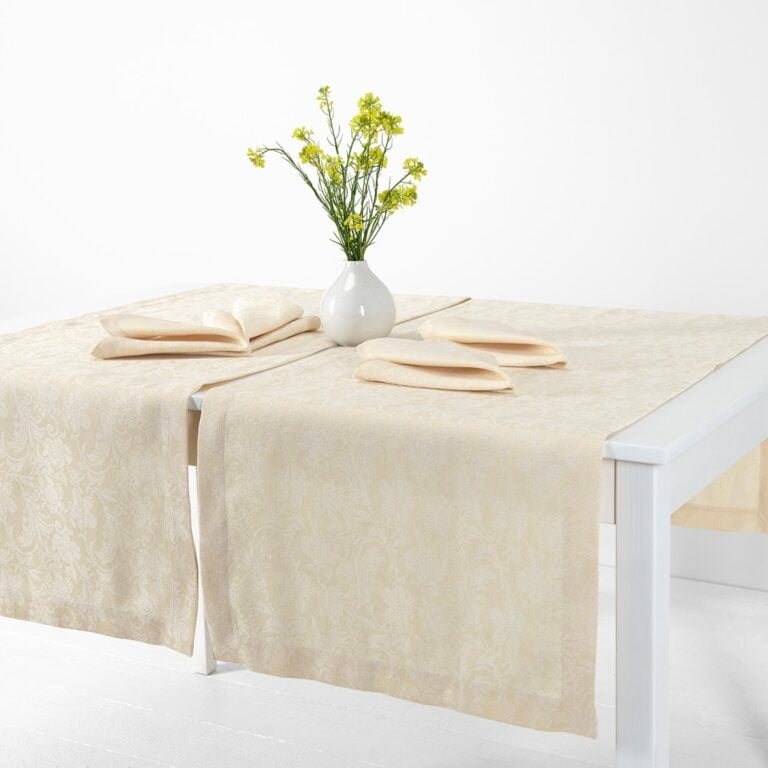 Floral cream linen cotton table runner, folded hem