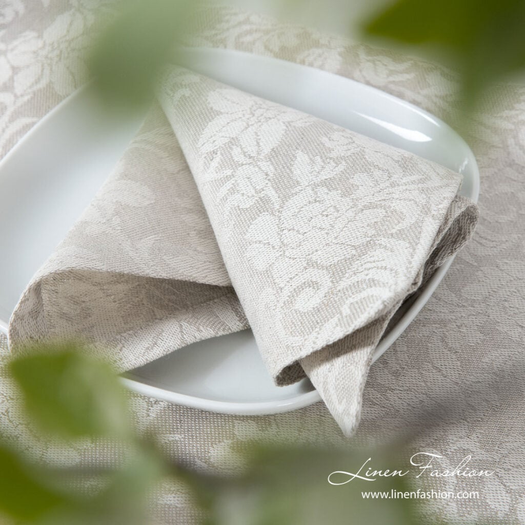 FLORA Serviett beige 3 Light grey and white table napkin from medium weight jacquard linen / cotton fabric in floral ornaments