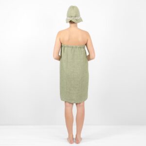 linen green wrap towel with sauna hat