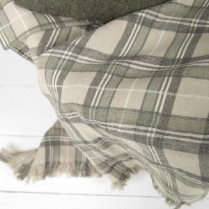 Beige checked linen cotton blanket close up view