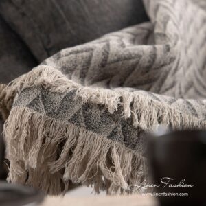 Grey linen cotton blanket with loose fringes