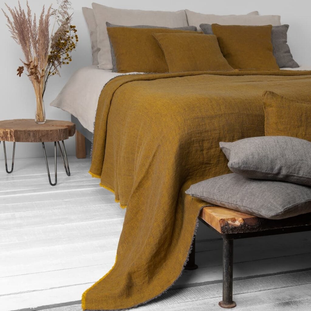 yellow diamond linen bedspread