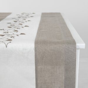 Natural linen table runner with white middle, folded hem