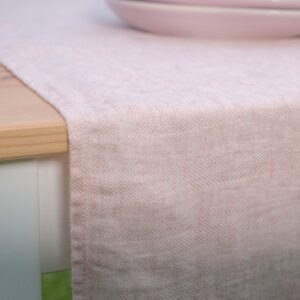 Pink linen table runner, herringbone pattern