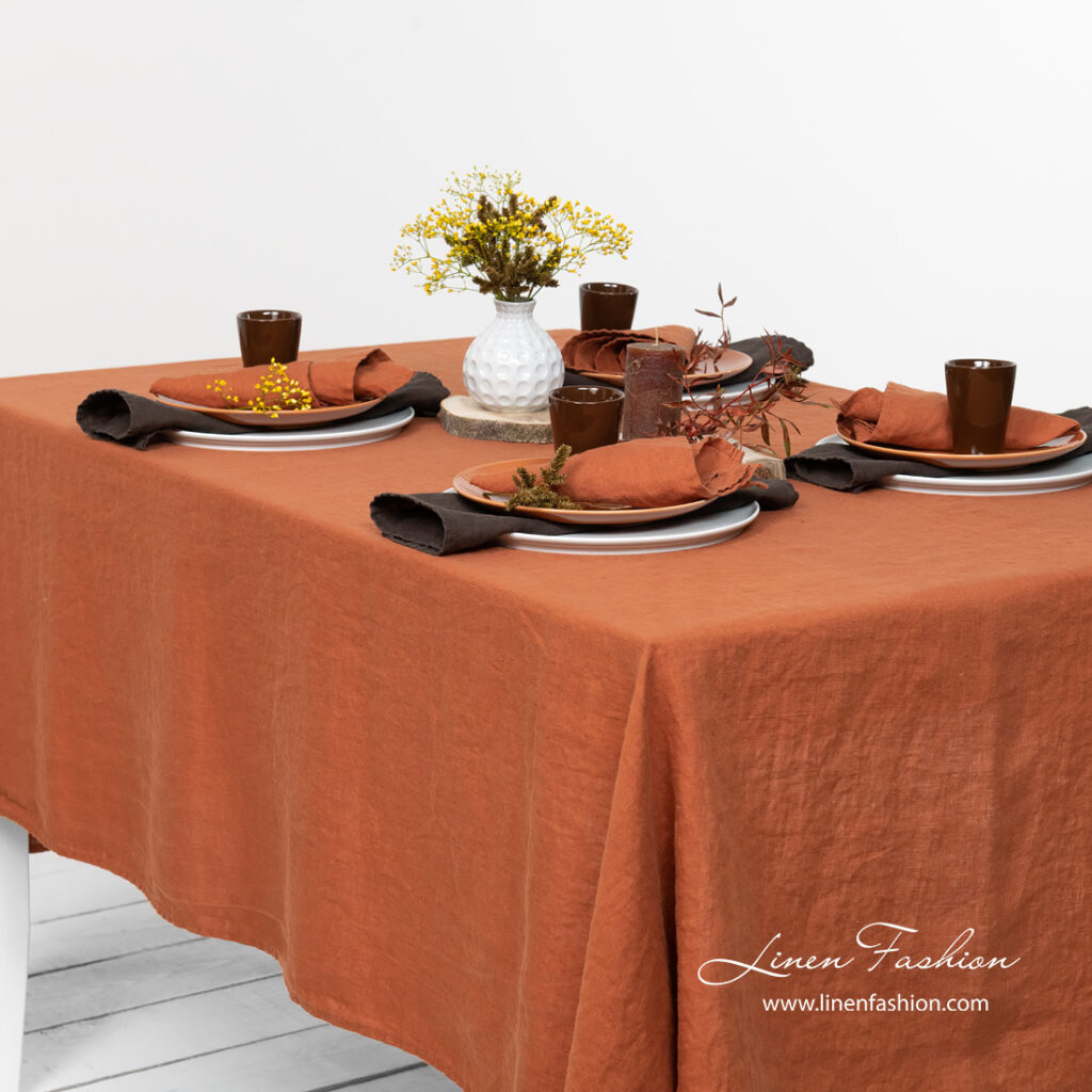 GAMMA Duk oransje 2 Pure linen washed dark orange color tablecloth