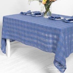 PORTO blue linen tablecloth in openweave checks