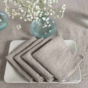NARA grey linen napkin with folded hemstitch borders