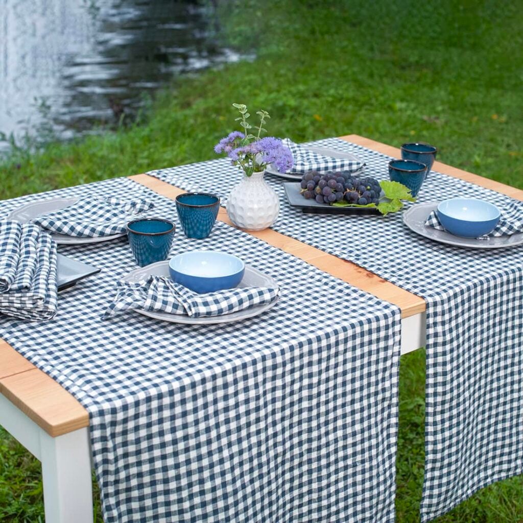 VICHY Løper blå 1 Checked blue linen table runner