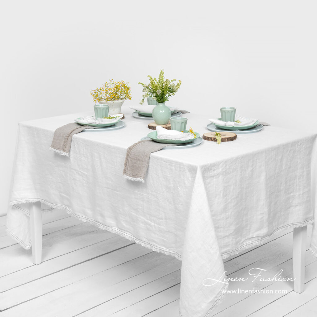 Washed linen white tablecloth with fringe