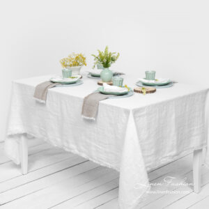 VEGA Duk hvit 7 Washed linen white tablecloth with fringe