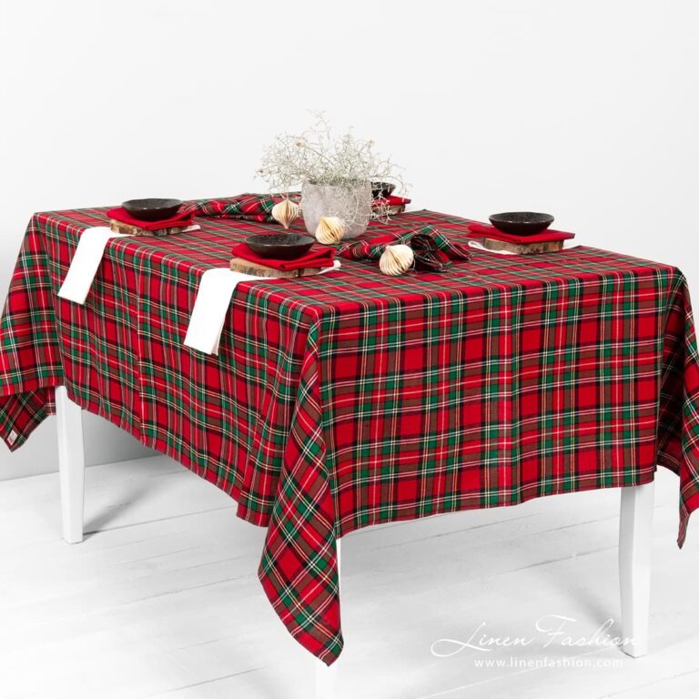Scarlet checked red tablecloth.