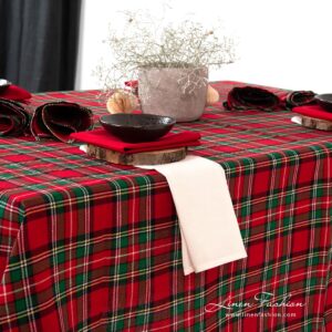 Scarlet red checked tablecloth.