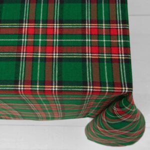 Linen cotton checked green tablecloth close up detail top view