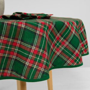 Linen cotton round/oval checked green tablecloth border