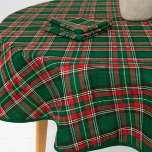 Linen cotton round/oval checked green tablecloth table