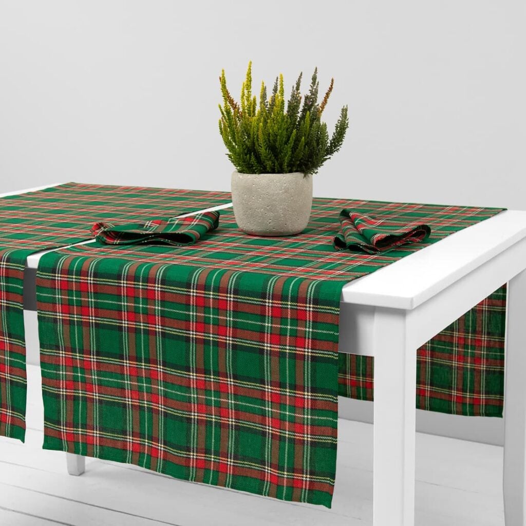 Linen cotton checked green table runner product photo