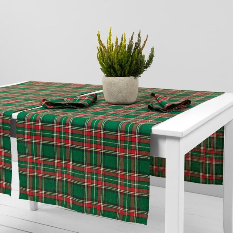 Linen cotton checked green table runner product photo