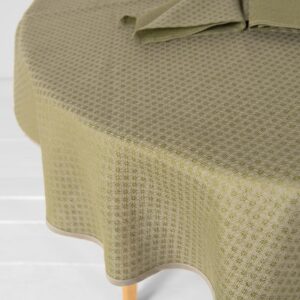 Round/oval linen cotton green tablecloth, diamond pattern
