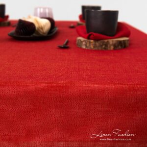 Linen tablecloth red with gold lurex yarns, folded border 4cm.