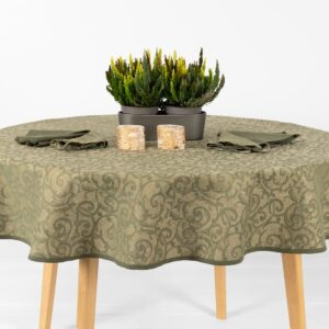 round linen cotton tablecloth olive, flower motif.