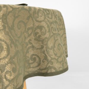 round linen cotton tablecloth olive, gold lurex.