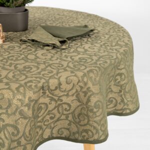round linen cotton tablecloth olive with green piping around.