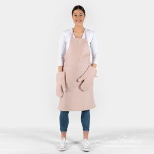 CANDY rosy linen cotton apron with matching kitchen gloves