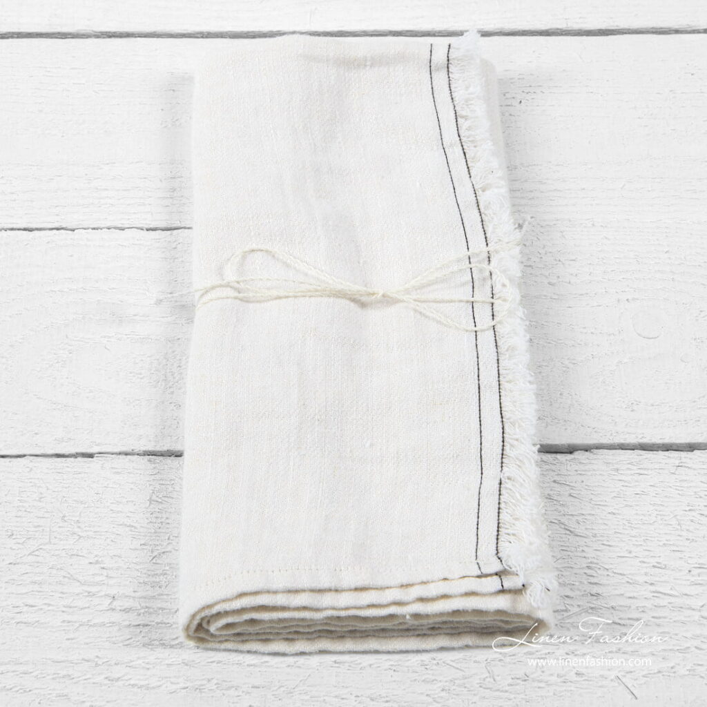 Kjøkkenhåndkle nr. 10 2 White kitchen towel with brown stitches and loose fringes on one side