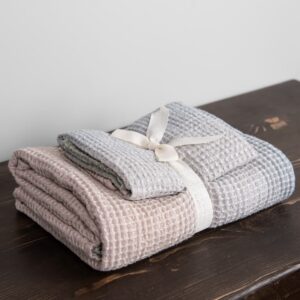 Pink grey cotton-hemp bath towel set tied with wide ribbon
