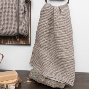 grey brown linen bath towel, washed, waffle