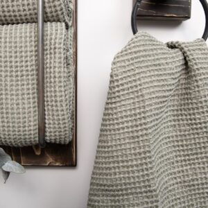 linen grey green bath towel, waffle structure