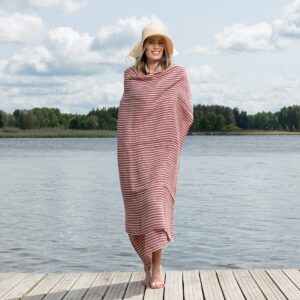 Linen beach towel in red stripes, specially washed
