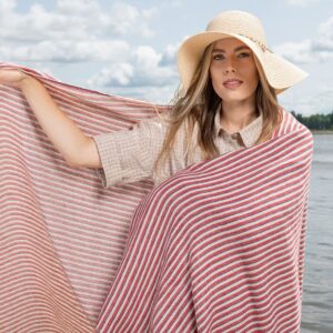 Linen beach towel in red stripes, 100% linen