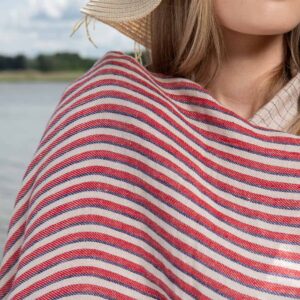 Linen beach towel in red stripes, twill weave