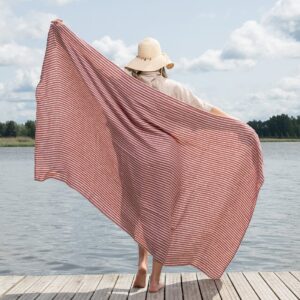 Linen beach towel in red stripes, large size